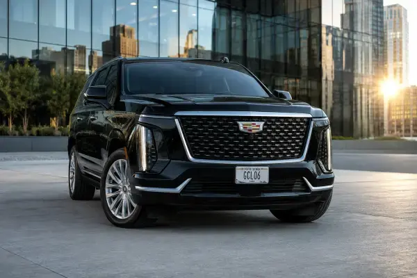 Black Cadillac Escalade ESV on New York plate GCL06, photographed against a glass tower at sunset