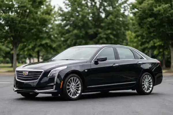 Black Cadillac executive sedan photographed in three-quarter profile on a tree-lined forecourt