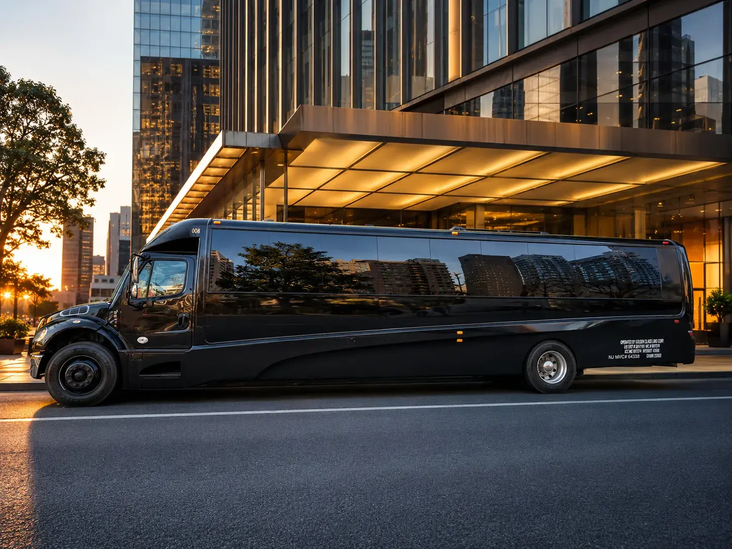 Black 38-passenger mini bus photographed on a city street at dusk
