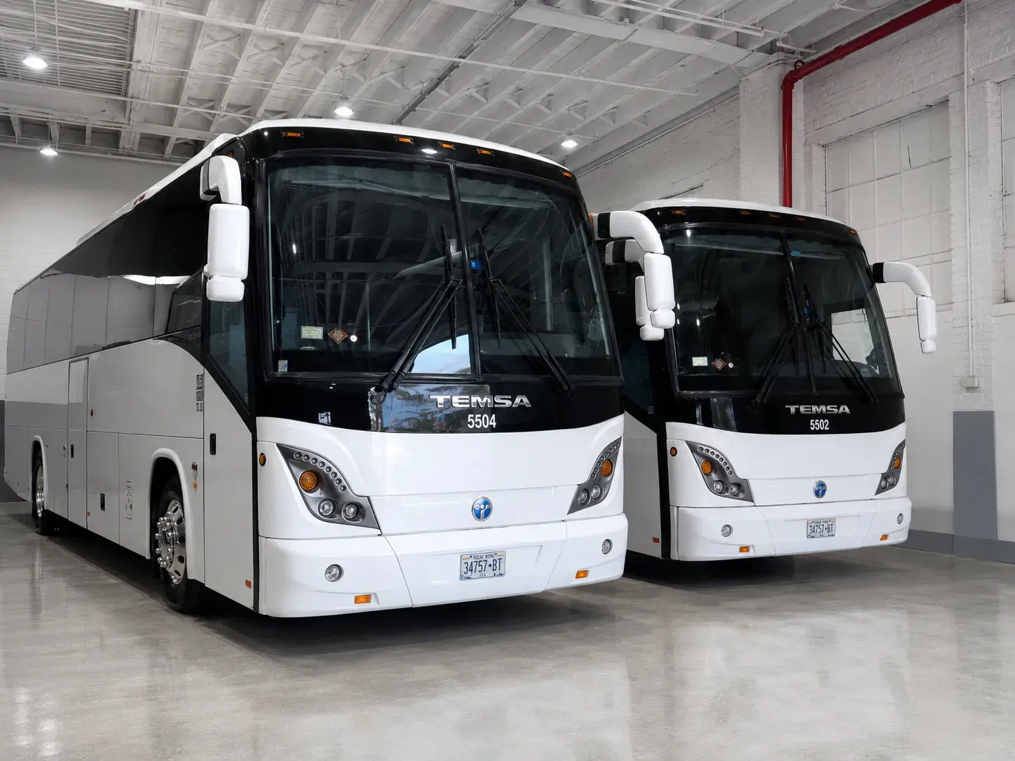 Two Temsa charter coaches parked side by side in the garage