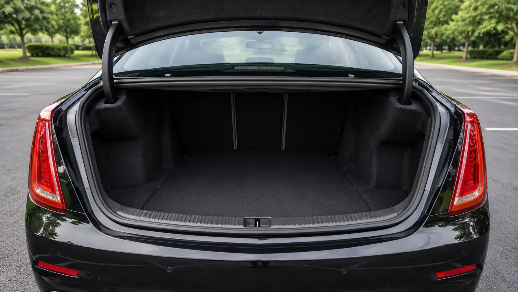 Open trunk of the Executive Sedan, carpeted and empty