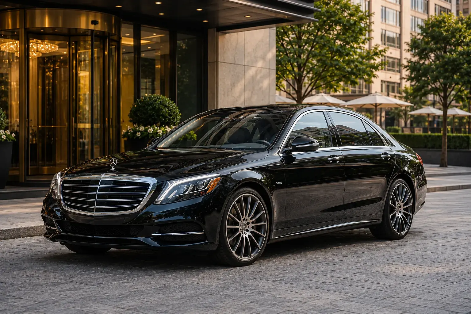 Black Mercedes-Benz S550 waiting at a hotel entrance