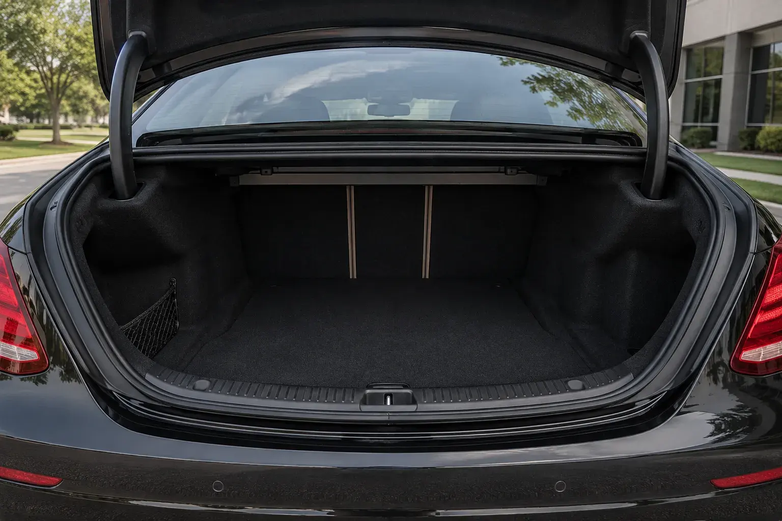 Open trunk of the Mercedes-Benz S550, carpeted and empty