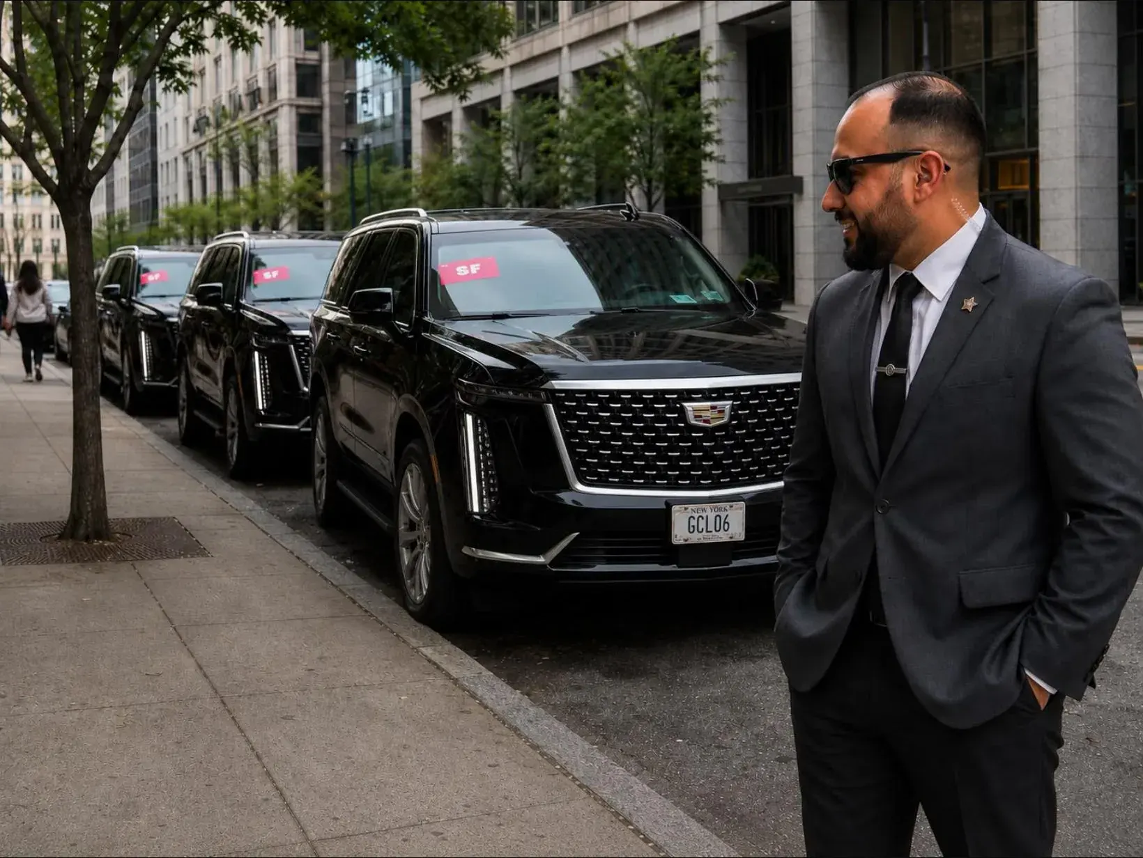 A Golden Class Limo chauffeur beside a line of black Cadillac Escalades on a New York street, front plate GCL06