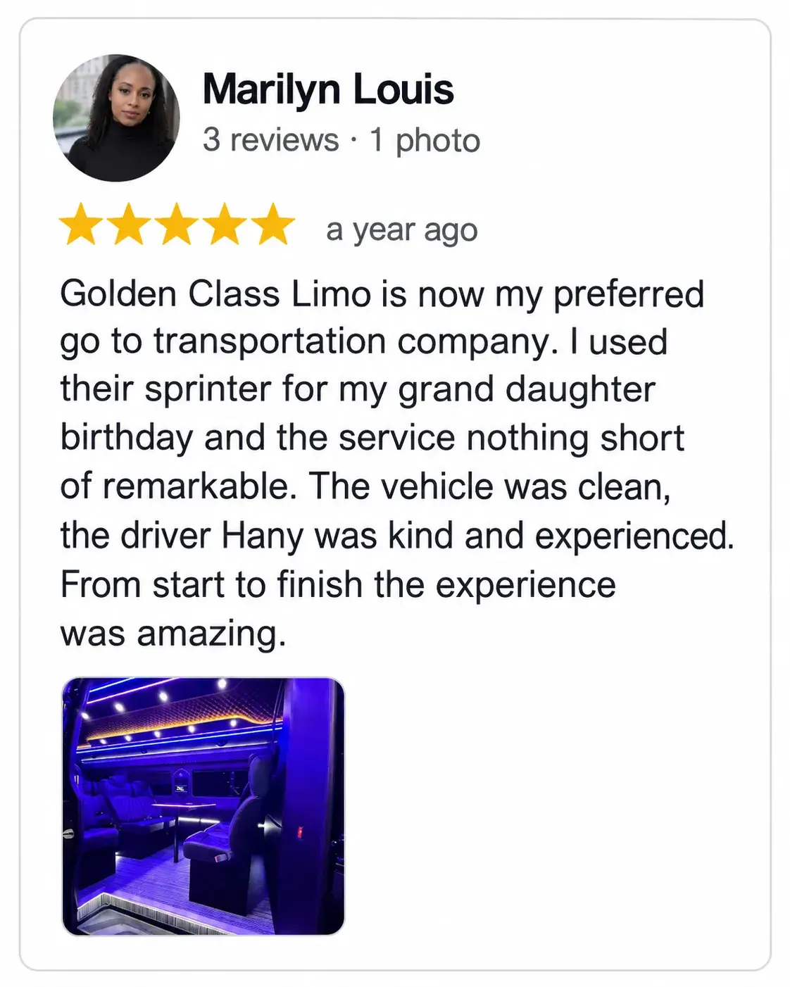 5-star Google review for Golden Class Limo (4 of 8)