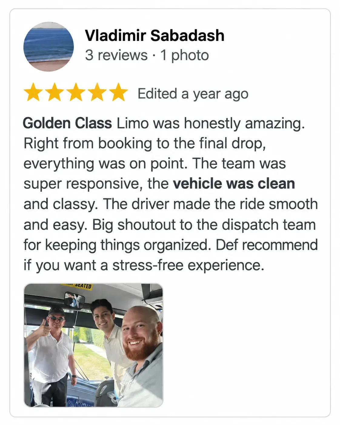 5-star Google review for Golden Class Limo (7 of 8)