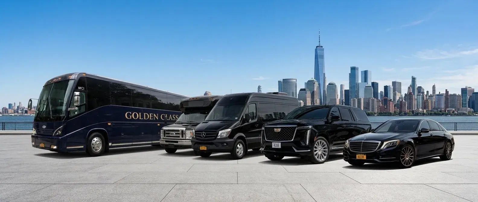 A Golden Class Limo black car with its chauffeur, ready for a JFK transfer