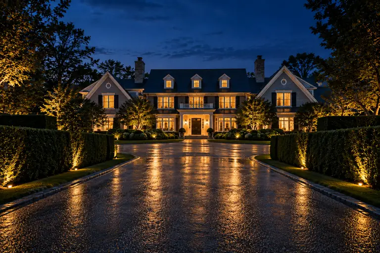 Hamptons estate driveway at blue hour