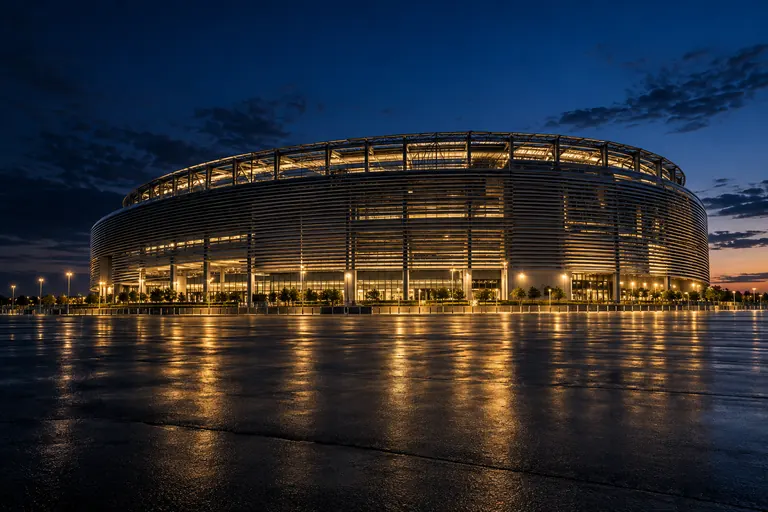MetLife Stadium exterior at dusk