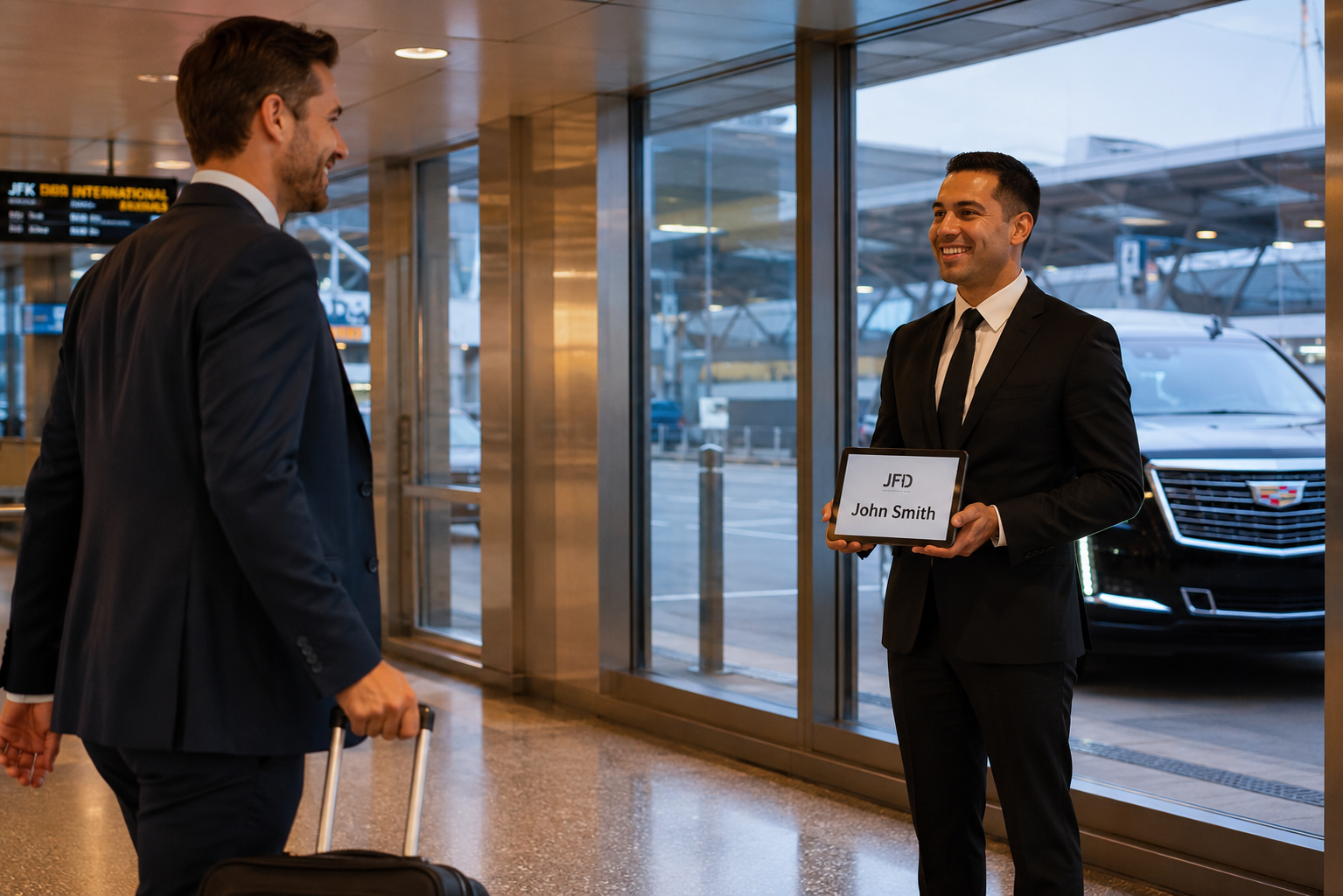 Chauffeur holding a name sign for arriving passenger at JFK Airport
