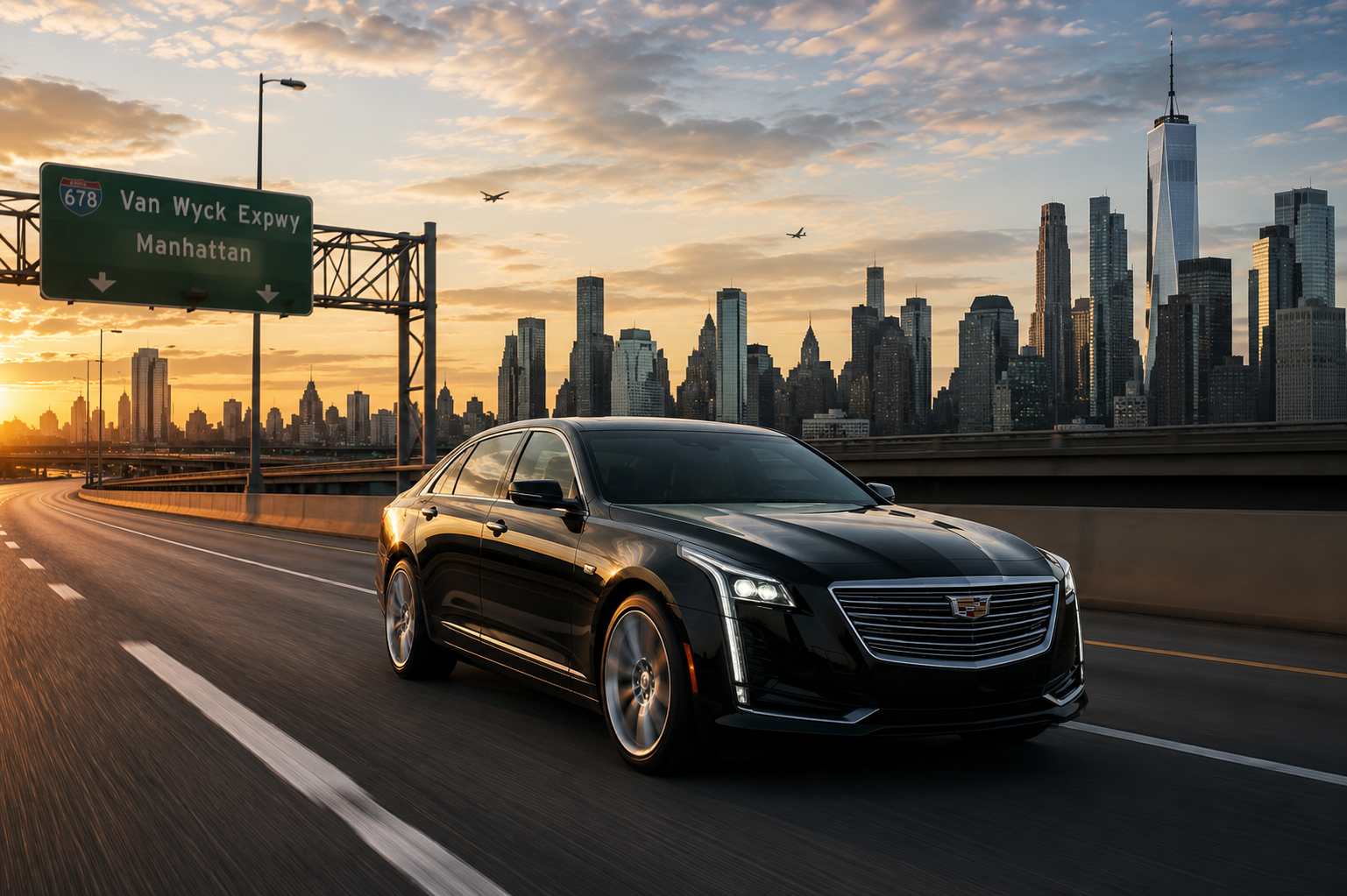 Black luxury sedan driving toward the Manhattan skyline at dusk