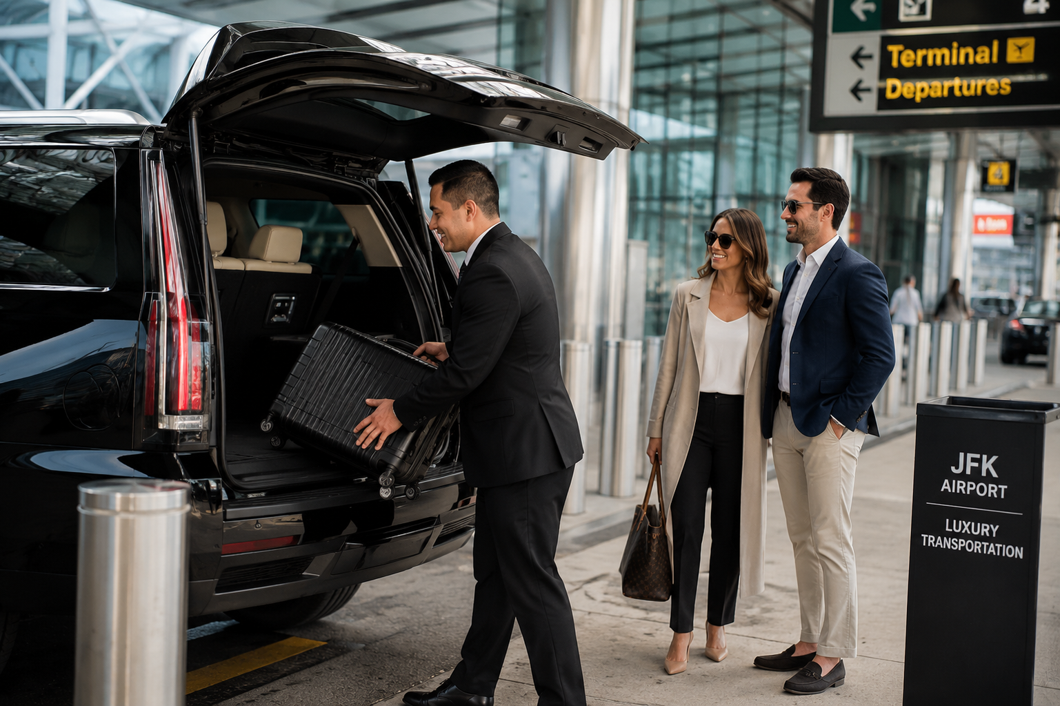 Passenger being greeted curbside by a chauffeur loading luggage into a black SUV