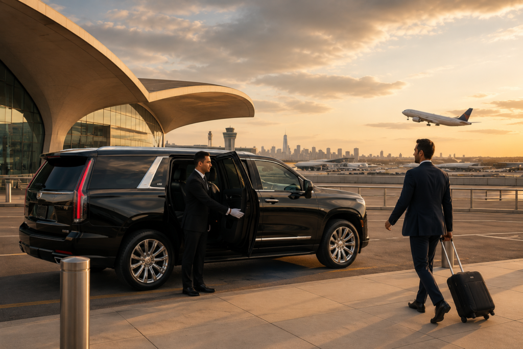 Luxury Cadillac Escalade airport transfer outside JFK International Airport in New York City.