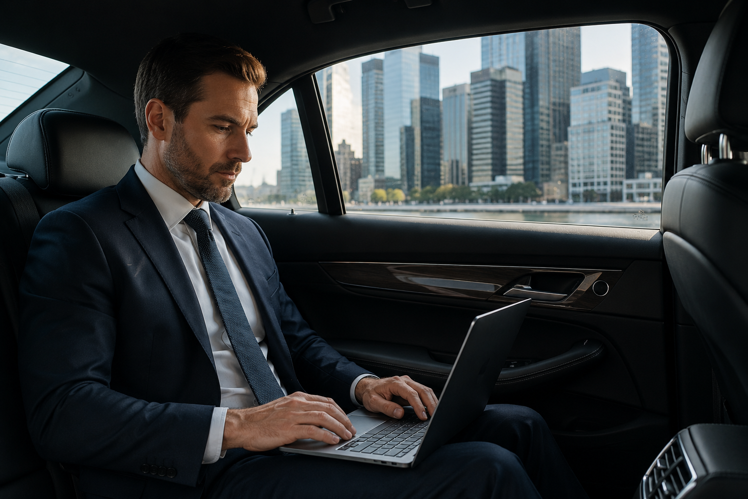 Business executive working on a laptop in the backseat of a chauffeured car in Manhattan