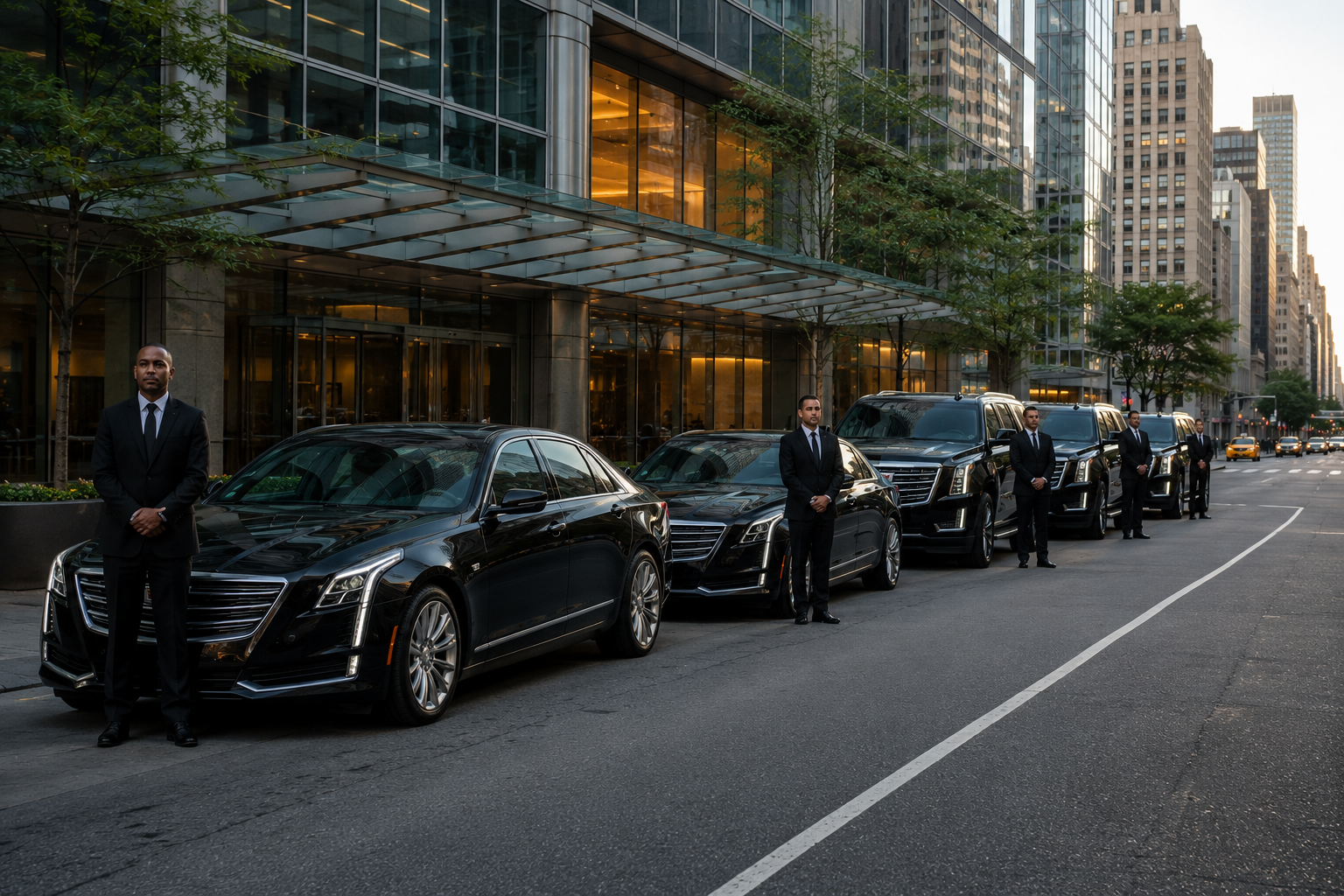 Row of black corporate sedans and SUVs parked outside a Manhattan office building