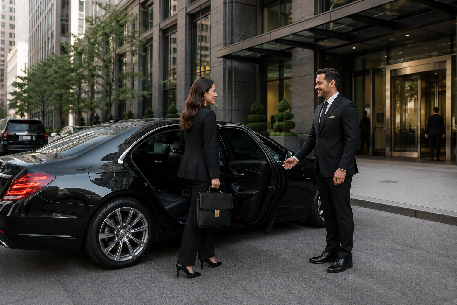 Chauffeur opening the door of a black sedan for a businesswoman outside a Manhattan office