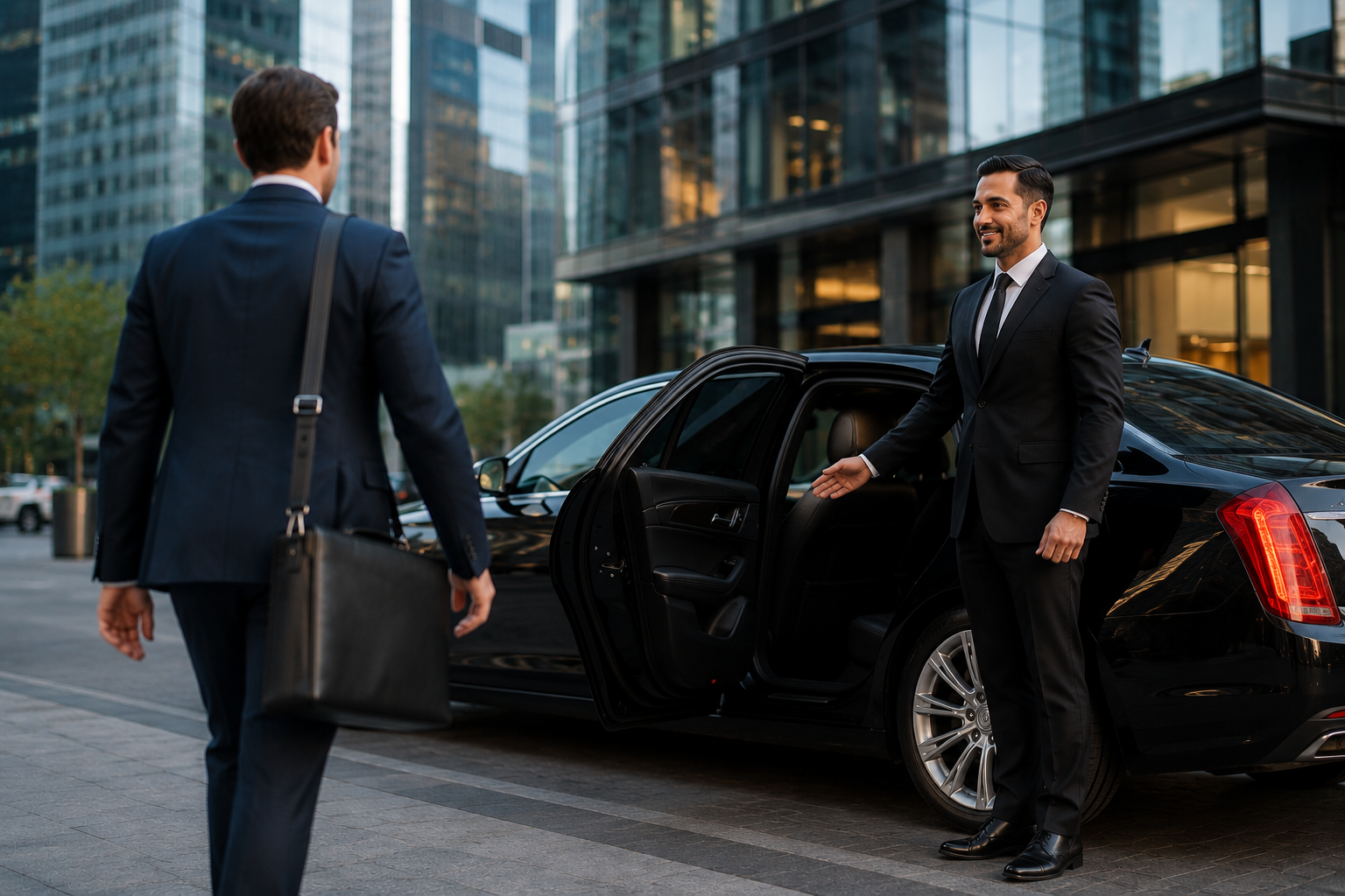 A professional chauffeur in a black suit standing beside an open rear door of a black luxury sedan parked outside a modern Manhattan office tower, a businessman in a suit approaching with a laptop bag, glass skyscrapers and morning light reflecting in the background, clean corporate atmosphere, photorealistic, high-end editorial photography style, shallow depth of field