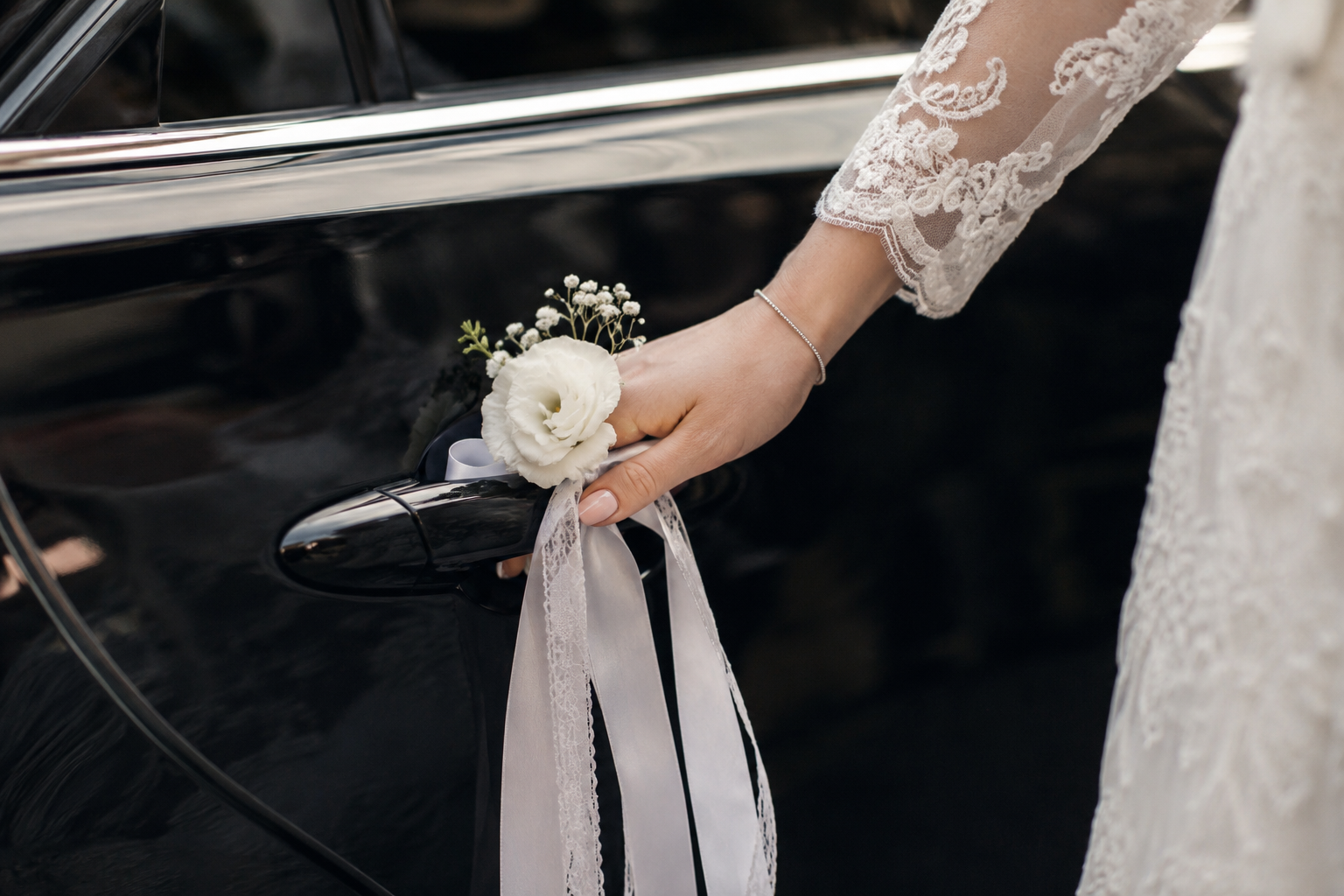 Bride's hand resting on a car door decorated with a small floral ribbon