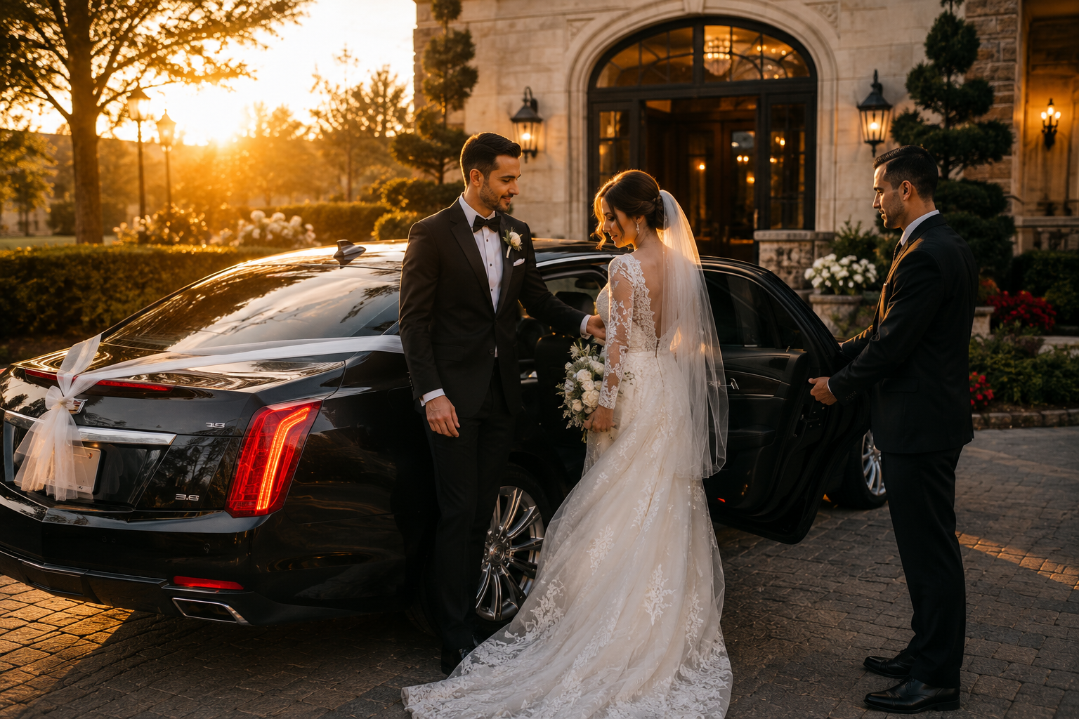 Bride and groom getting into a white ribbon-decorated luxury car after their wedding ceremony