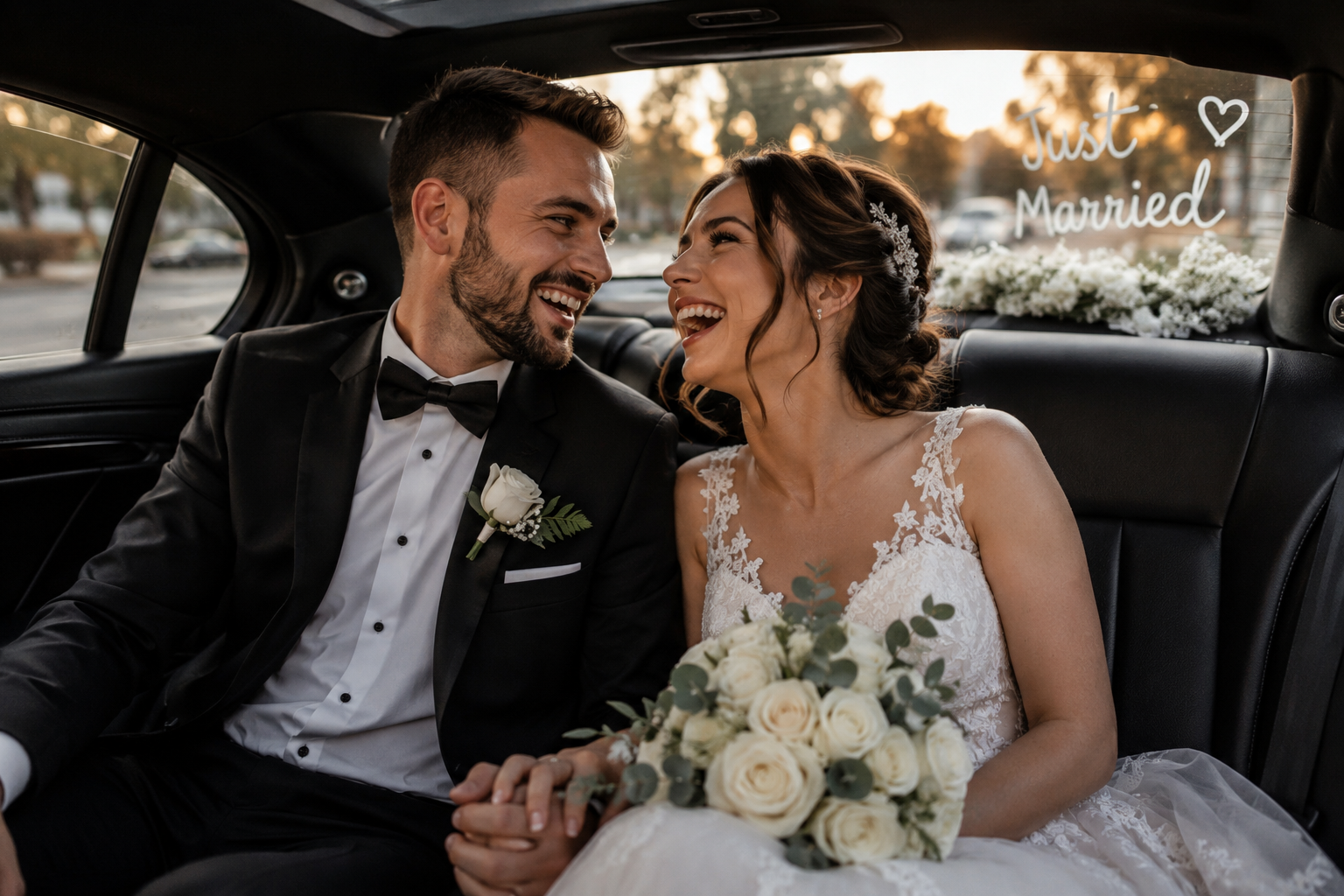 Newlywed couple laughing inside a decorated wedding car