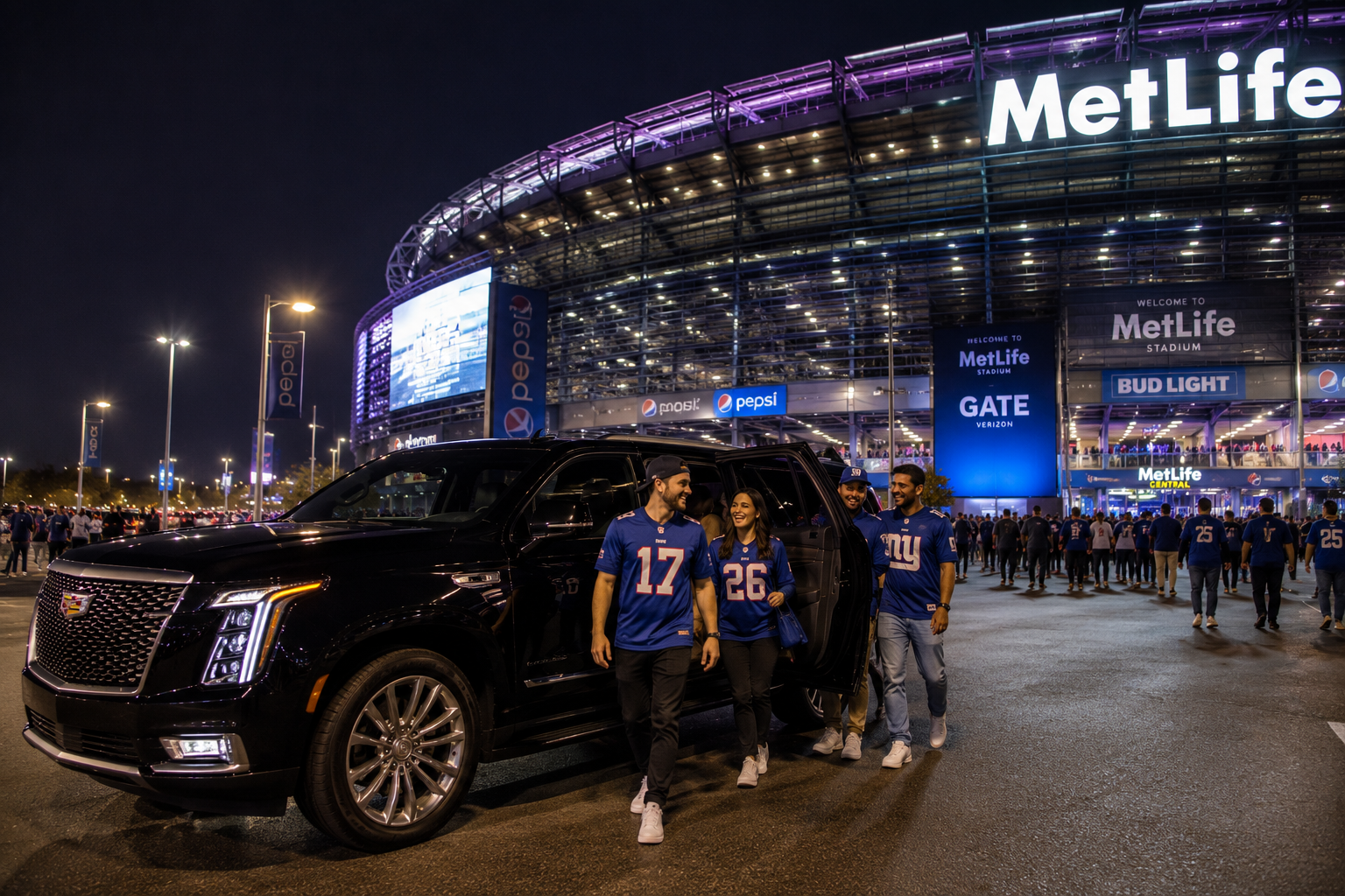 Fans arriving in a black luxury SUV outside a New York City stadium before a sporting event