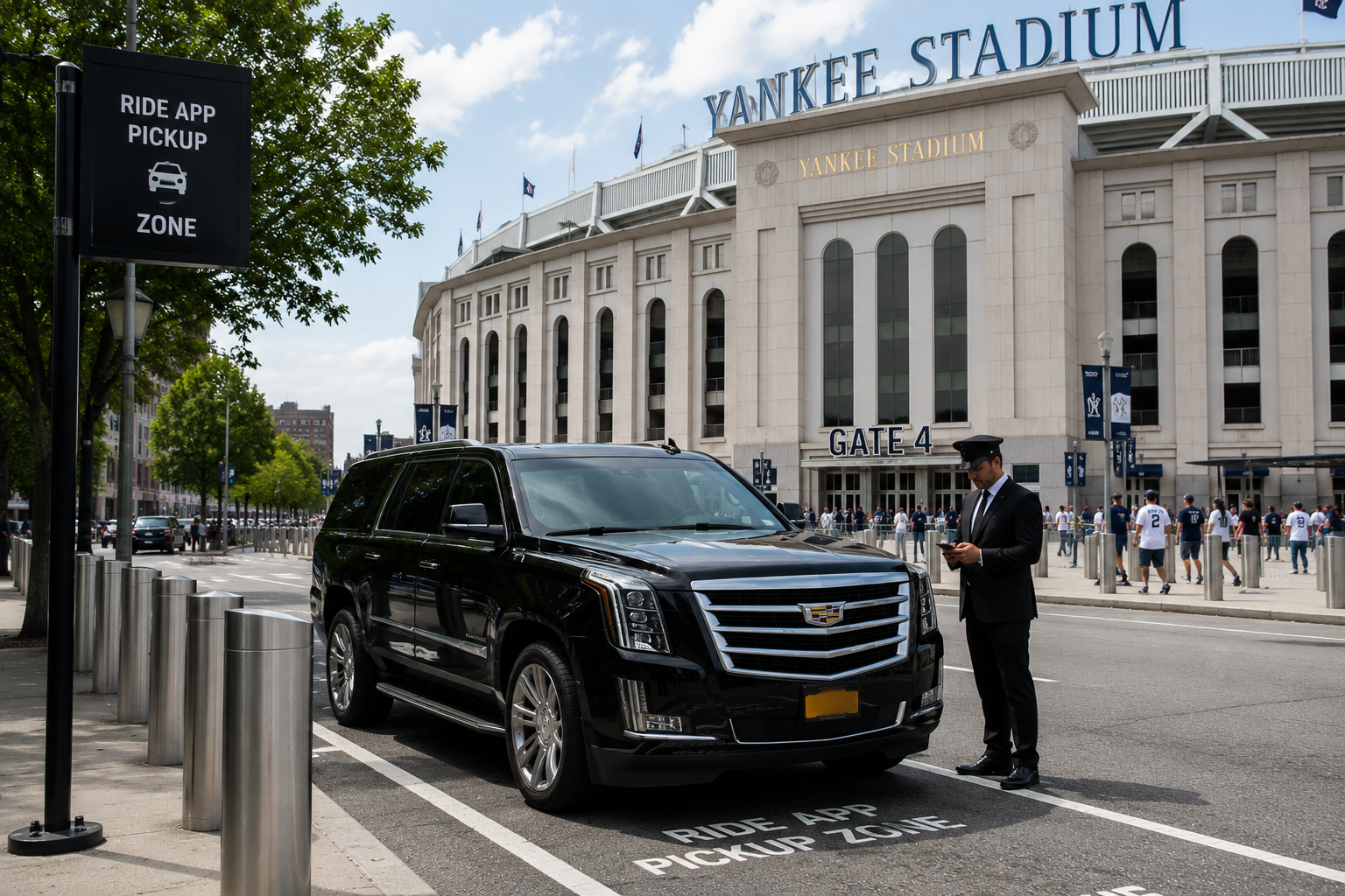 Black luxury SUV waiting in a stadium pickup zone with a professional chauffeur