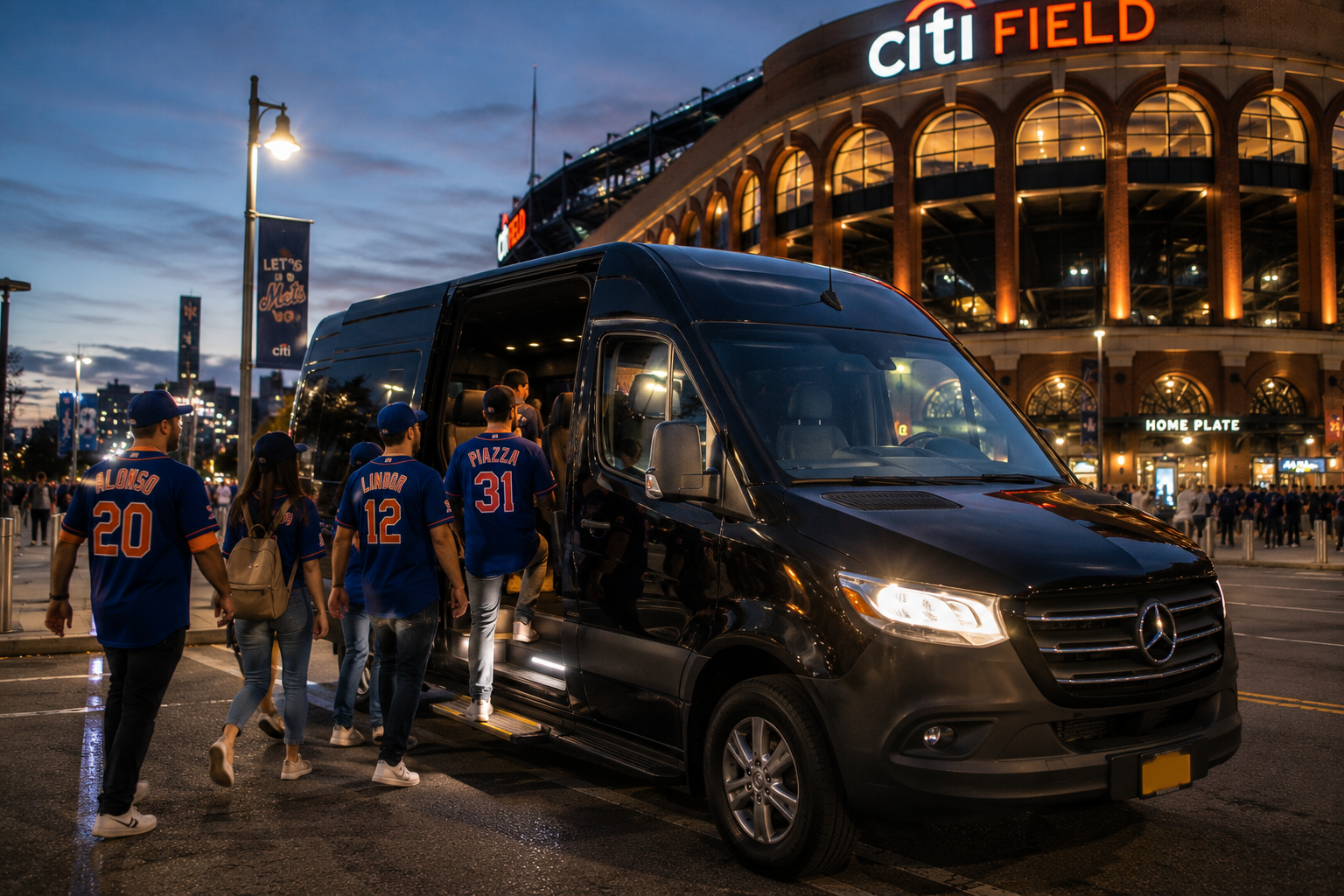 Fans boarding a black Mercedes Sprinter van outside a stadium before a game