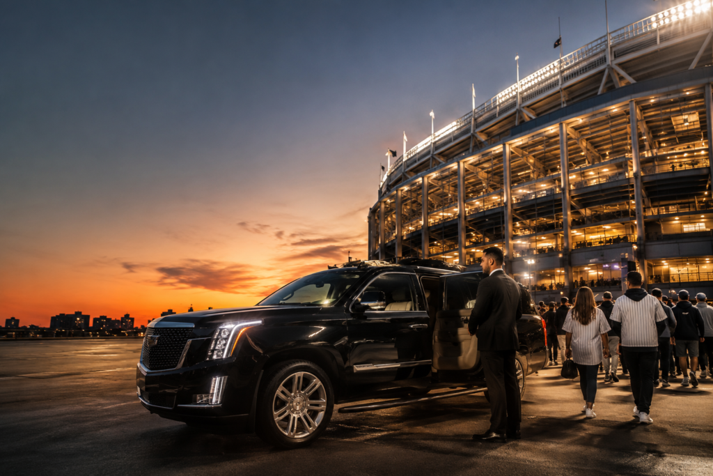 Black luxury Cadillac Escalade arriving outside a New York City stadium with fans heading toward the entrance.