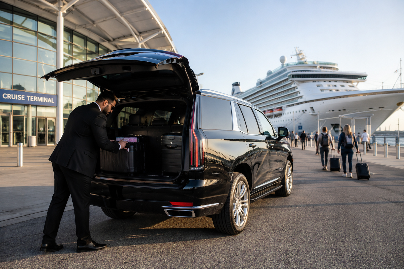 Chauffeur loading suitcases into a black SUV outside a New York cruise terminal with a cruise ship visible