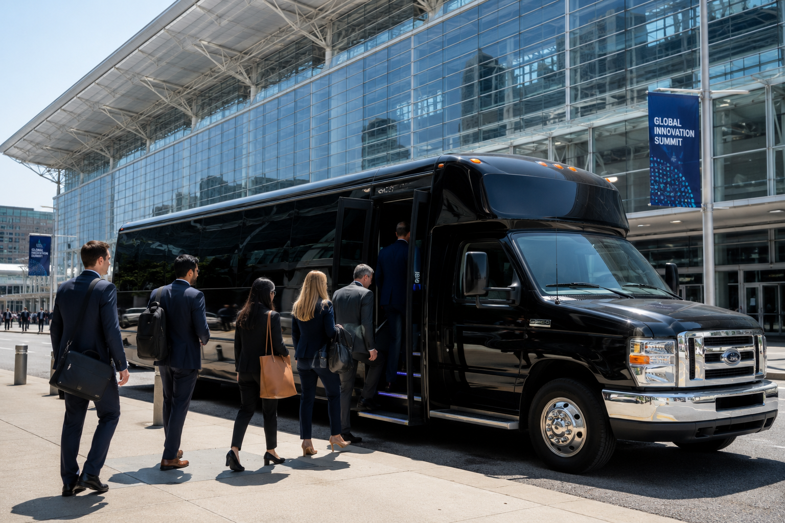 Mini-bus parked outside a convention center with attendees boarding