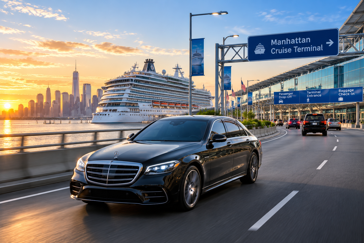 Family unloading suitcases from a black luxury SUV at a New York cruise terminal