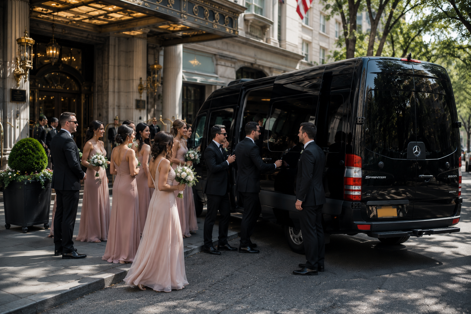 Wedding party boarding a black Mercedes Sprinter van outside a hotel