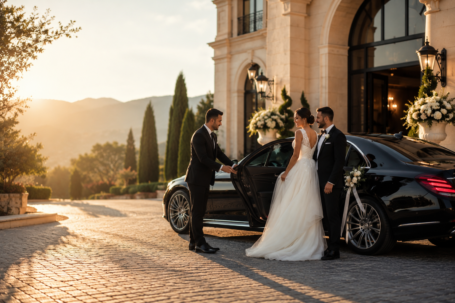 Bride and groom smiling as a professional chauffeur opens the rear door of a black luxury Mercedes S-Class decorated with white wedding ribbons outside an elegant hotel wedding venue at golden hour, creating a romantic and luxurious wedding transportation scene.