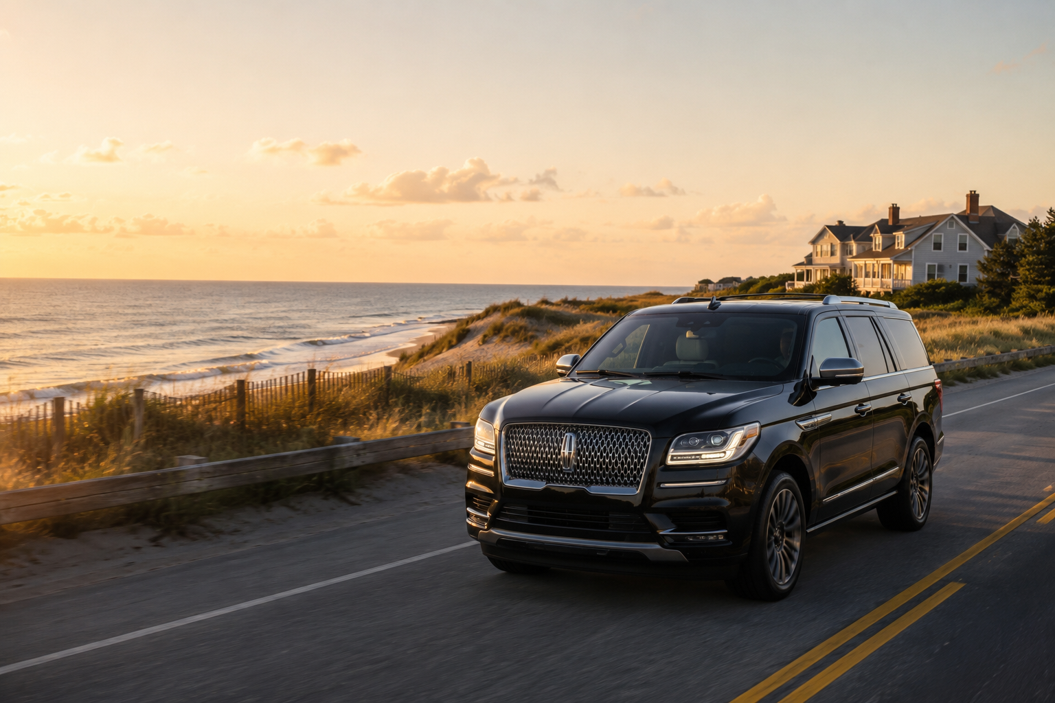 Black luxury SUV driving along a coastal road toward the Hamptons