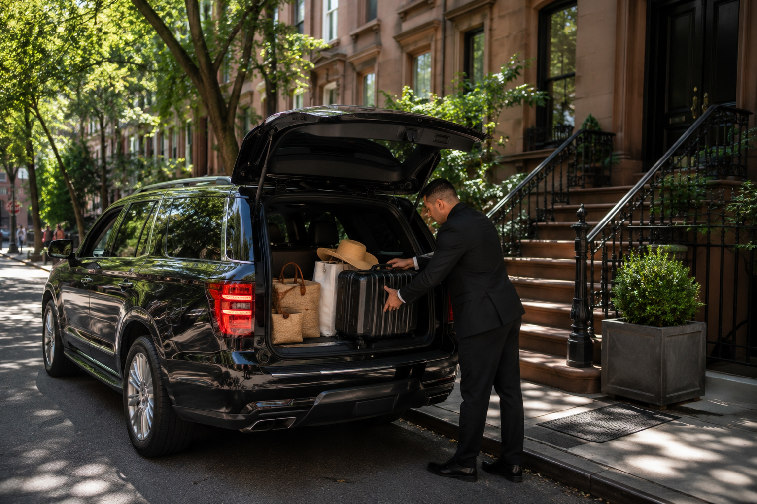 Chauffeur loading luggage and beach bags into a black SUV outside a Manhattan brownstone