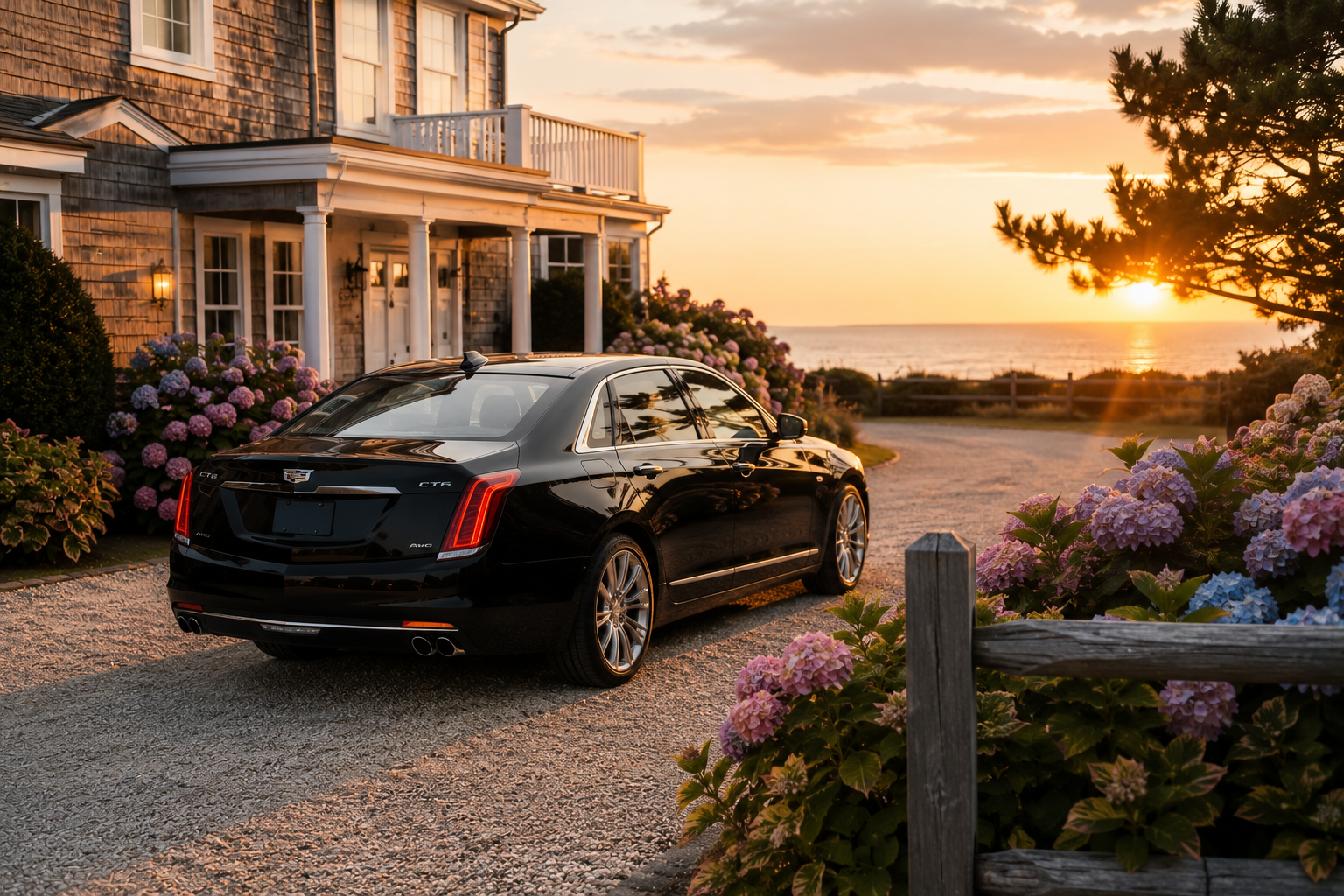 Black luxury sedan parked outside a Hamptons beach house at sunset