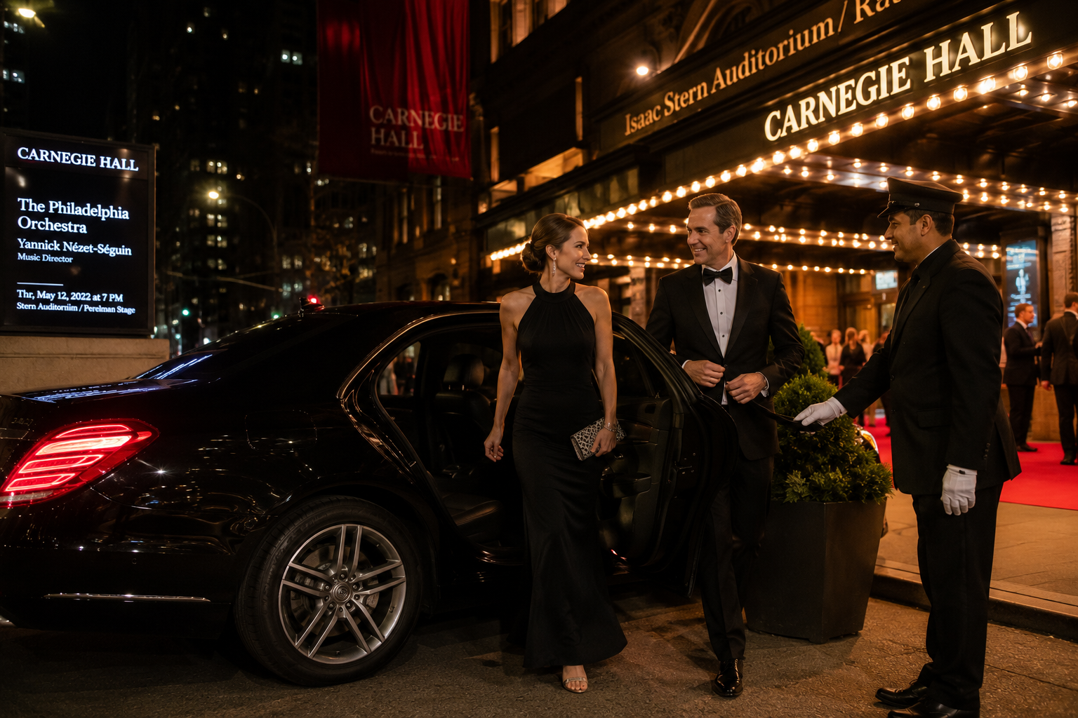 Guests stepping out of a black luxury sedan outside a lit-up NYC concert hall entrance at night