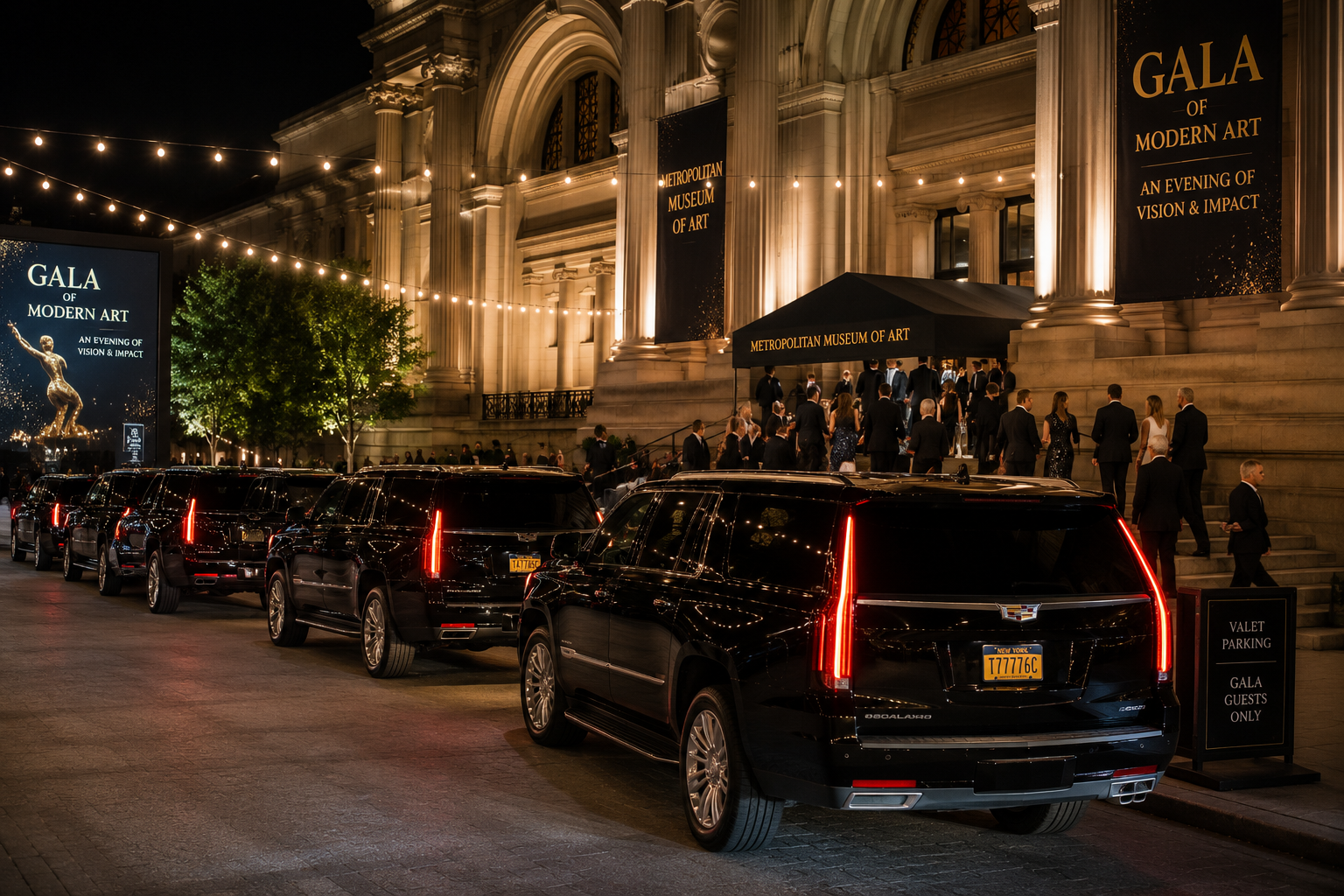 Row of black luxury SUVs lined up outside a museum gala entrance at night