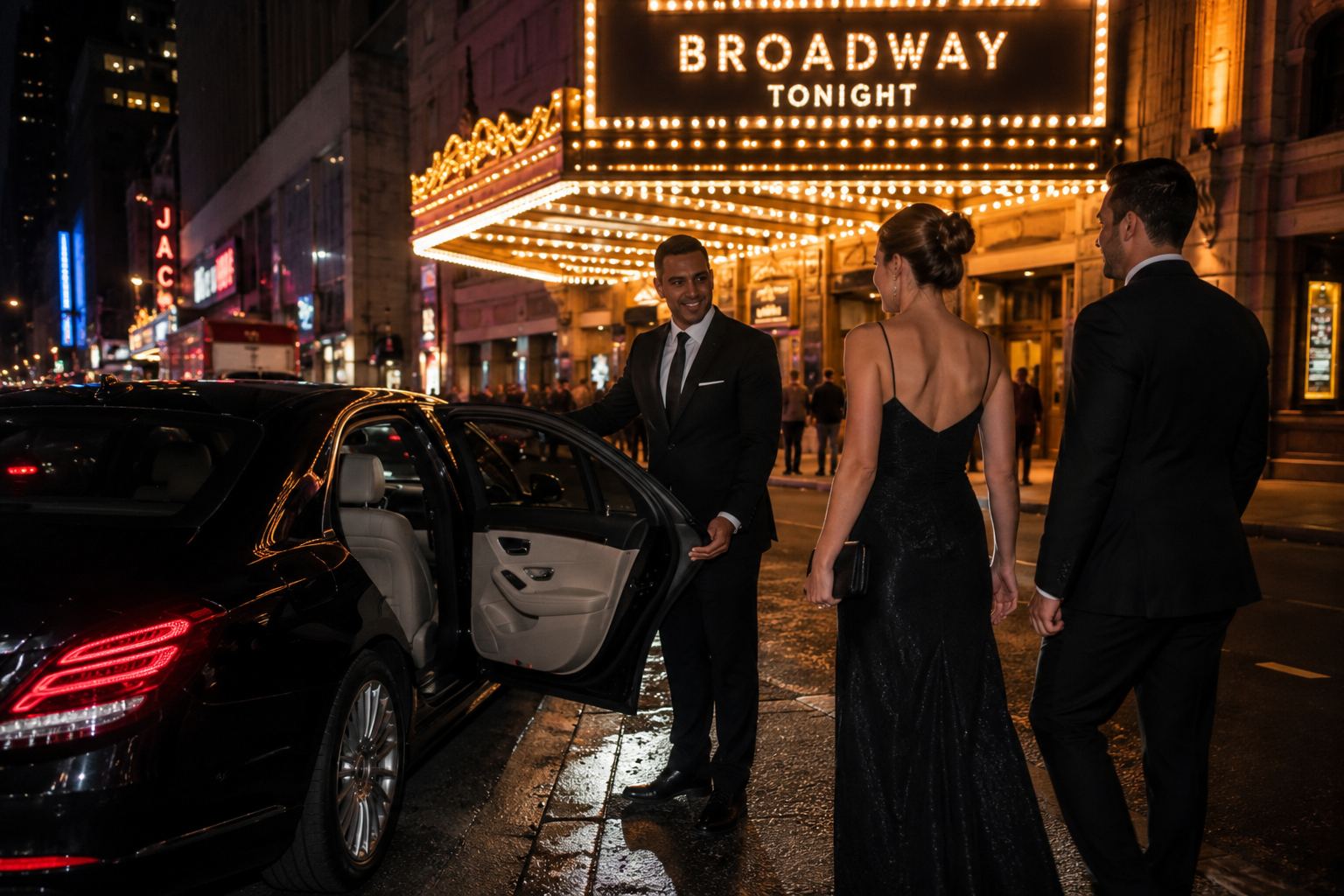 Chauffeur holding the door for a couple in evening wear outside a Broadway theater