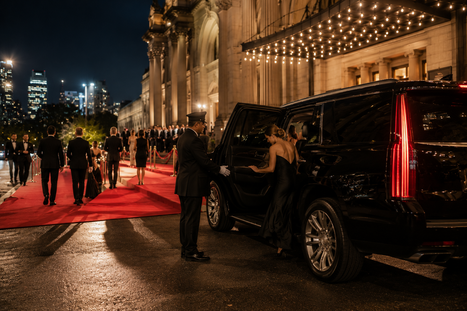 Black Cadillac Escalade arriving at a luxury gala venue in New York City with a chauffeur assisting formally dressed guests.