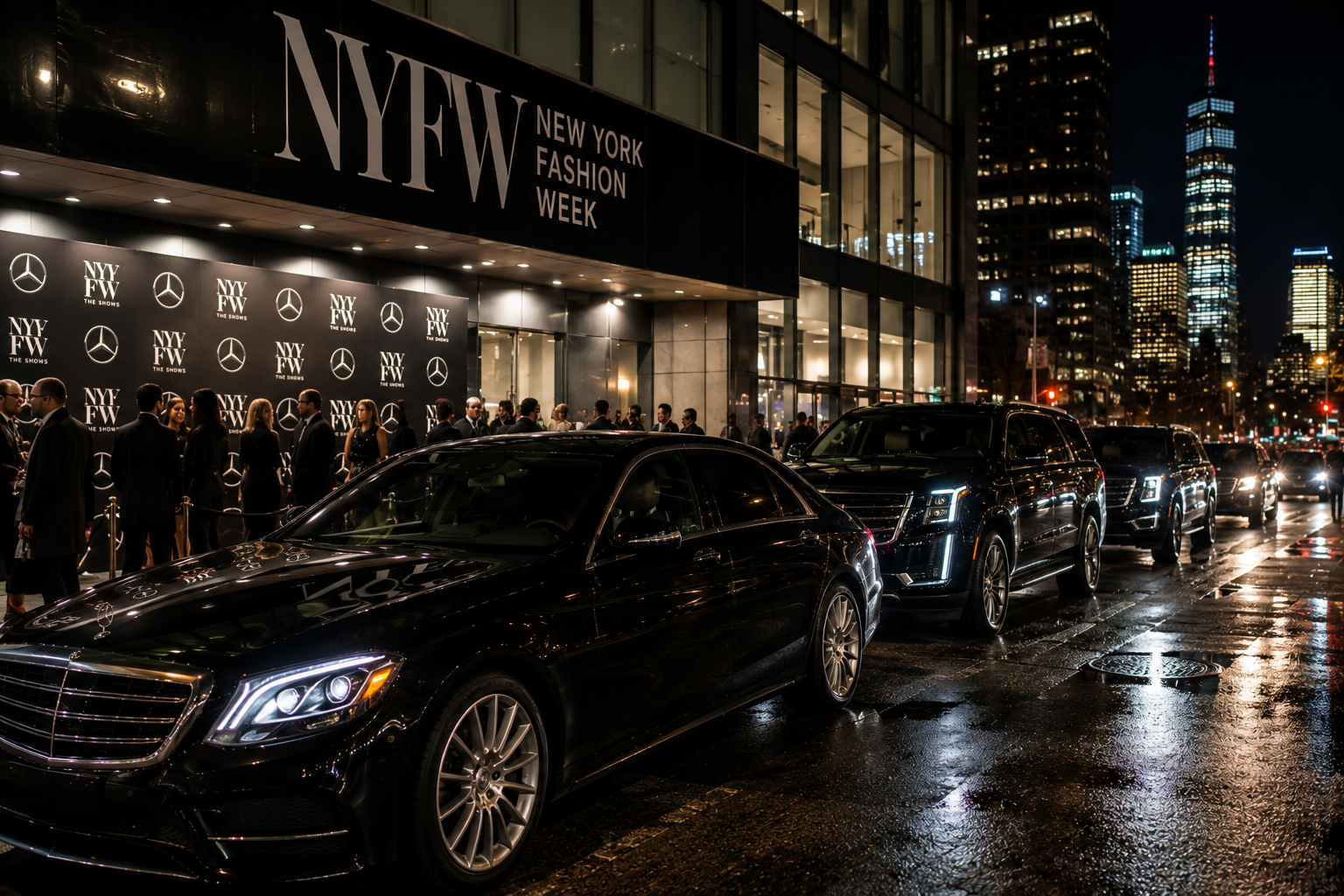 Row of black luxury sedans parked outside a New York Fashion Week venue at night