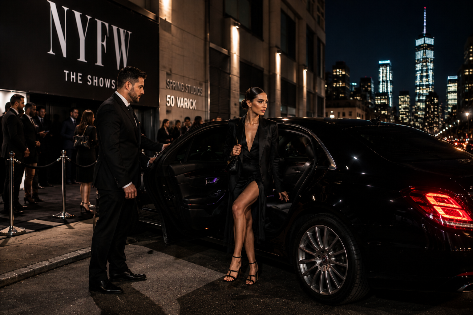 Fashion industry guest stepping out of a black luxury car near a Manhattan runway venue