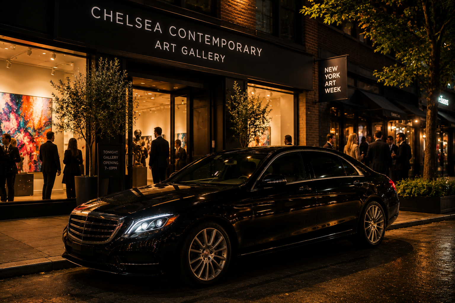 Black luxury sedan parked outside an illuminated New York art gallery opening