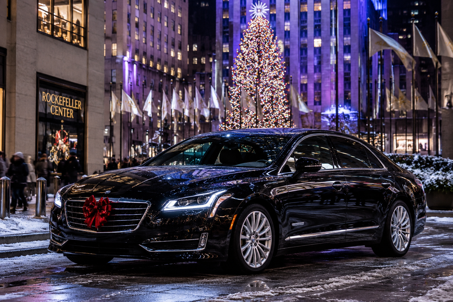 Black luxury sedan with a red bow parked near Rockefeller Center Christmas tree at night
