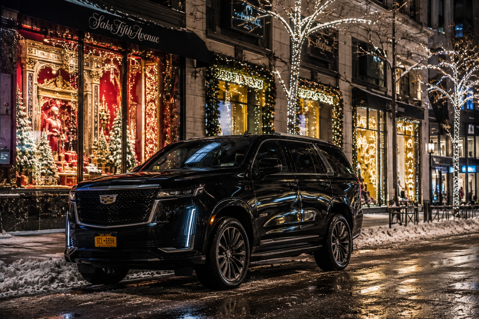 Black SUV parked outside a Fifth Avenue store with holiday window displays