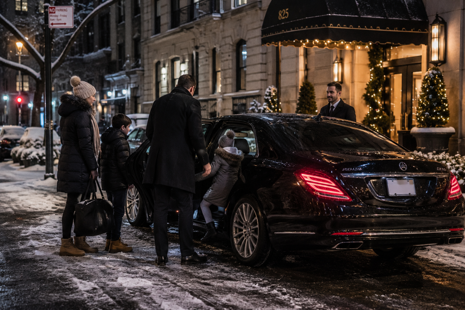 Family getting into a black sedan outside a Manhattan apartment building in winter