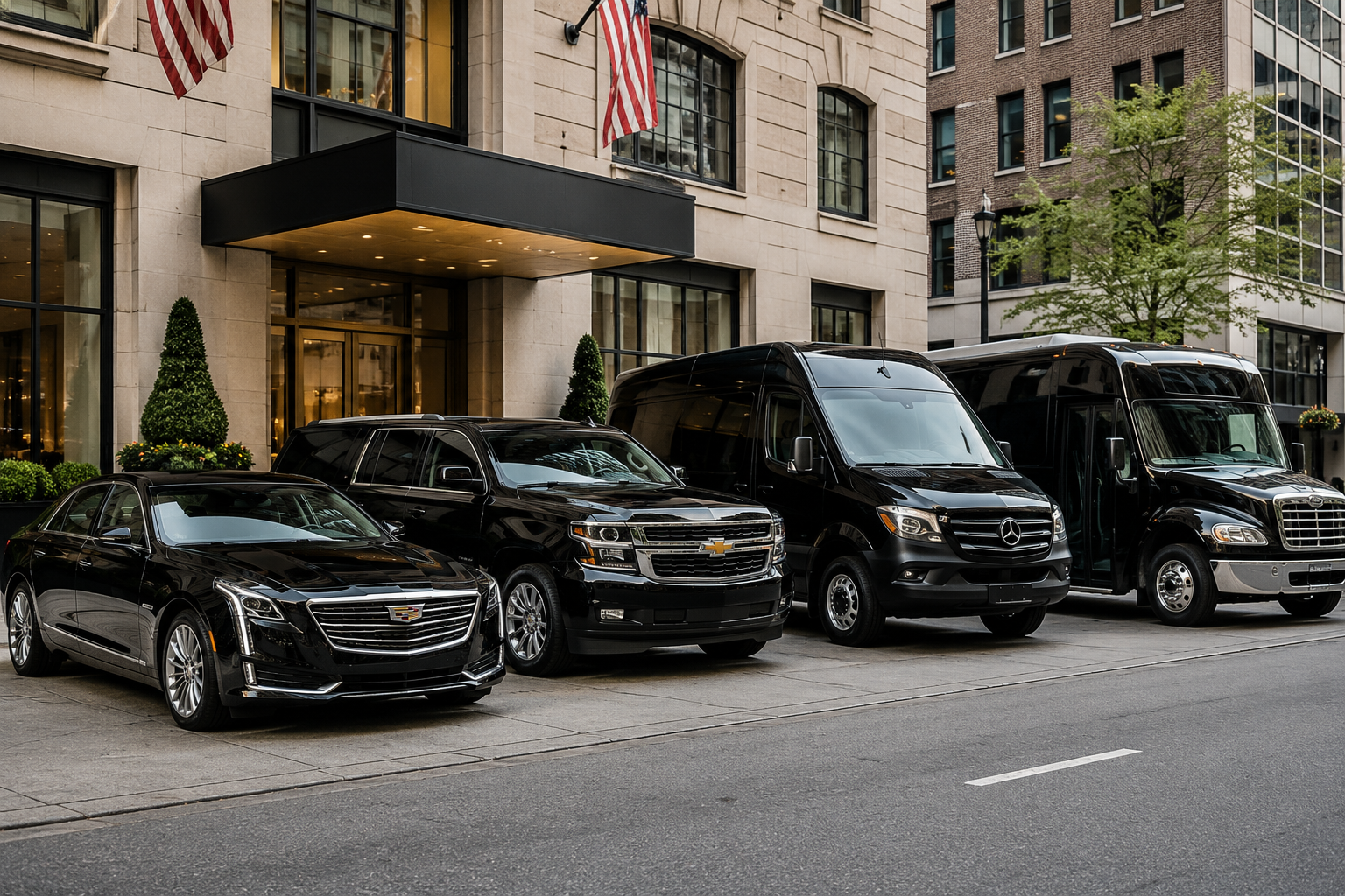 Four different Golden Class Limo vehicles - sedan, SUV, Sprinter van, and mini-bus - parked side by side
