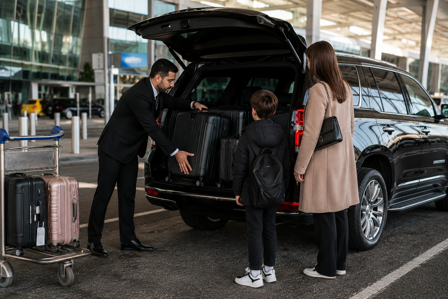 Chauffeur helping load luggage into an SUV trunk outside an airport terminal