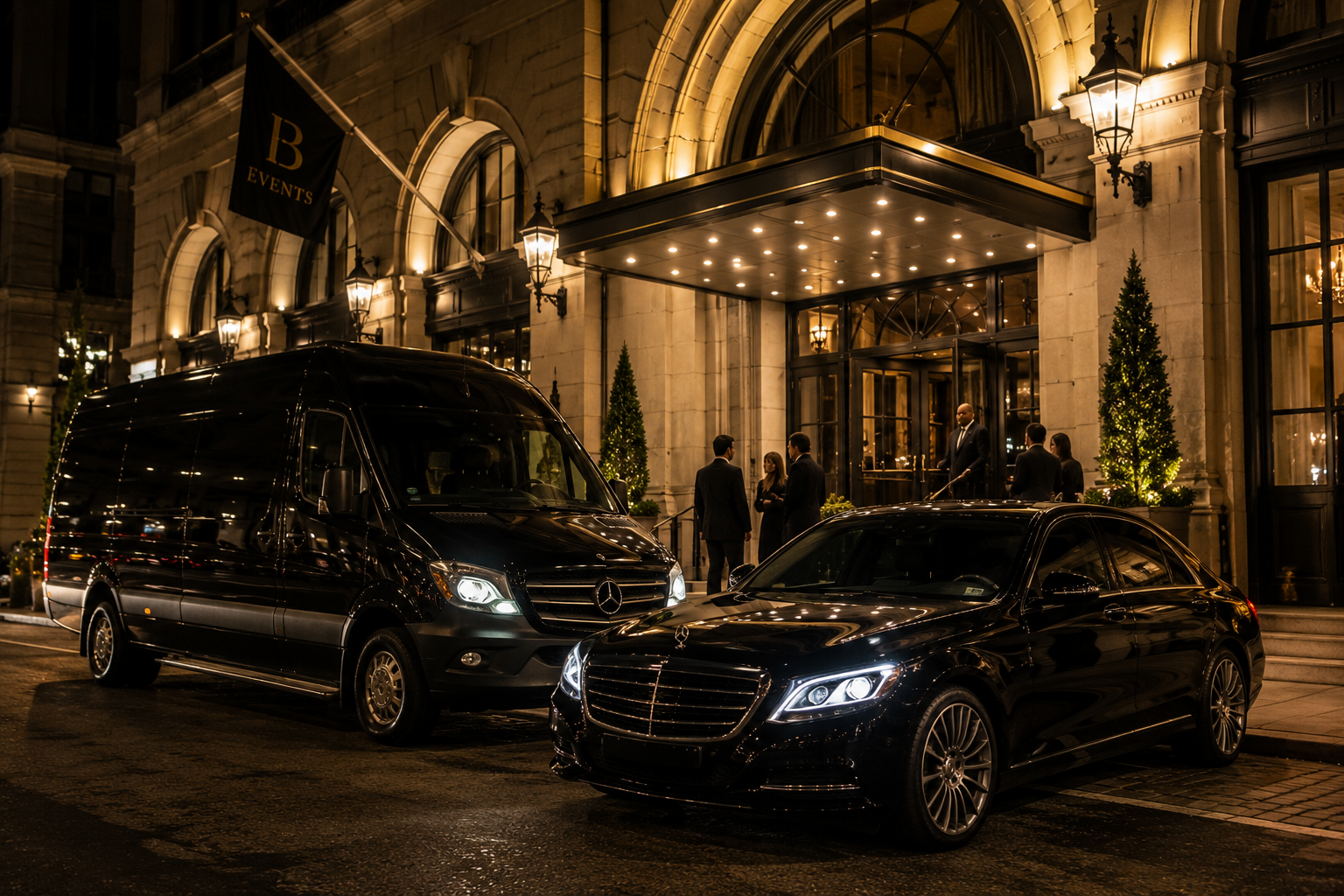 Black Sprinter van and sedan parked together outside a Manhattan venue at night