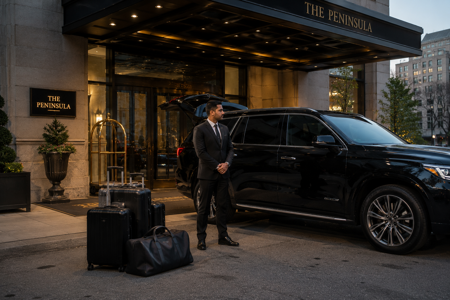 Chauffeur standing beside a black SUV outside a hotel with luggage staged for pickup